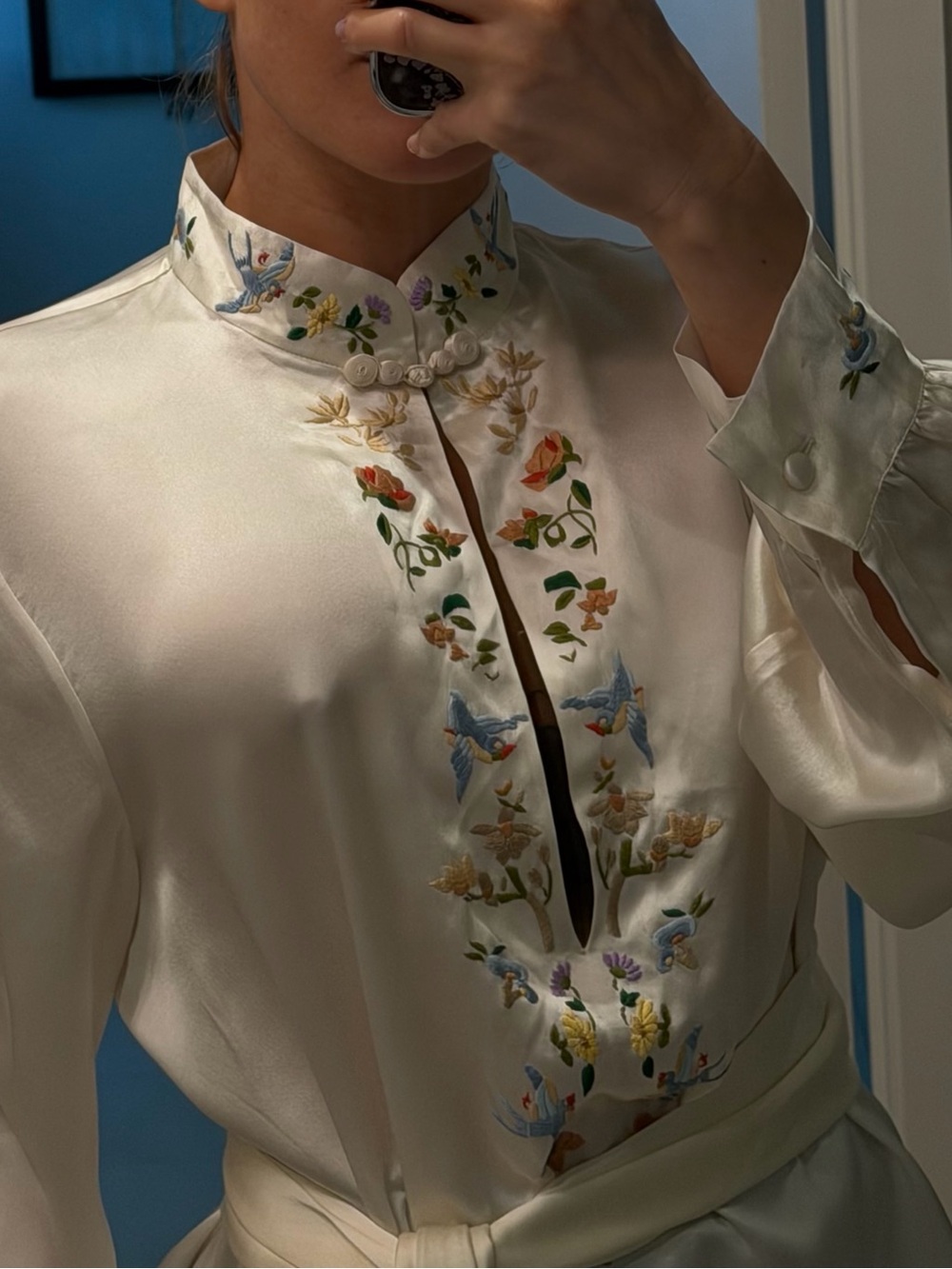 White Silk Blouse with Floral & Bird Embroidery